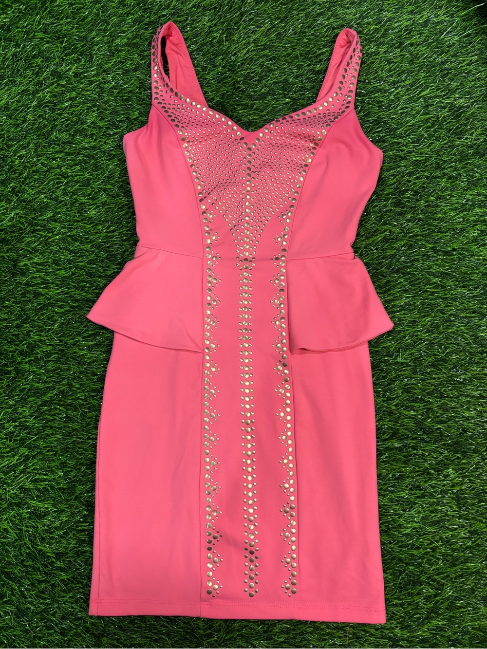 Bebe Women's Pink Studded Peplum Sheath Dress